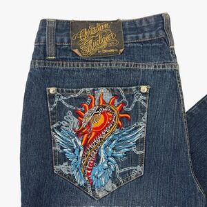 Christian Audigier VTG Y2K Embroidered Jeans 38x33 Serpent Snake Dragon Tattoo‎